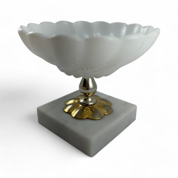 Vintage White Milk Glass Compote Dish Brass Accents on Marble Base, Mid-Century - Picture 7 of 7